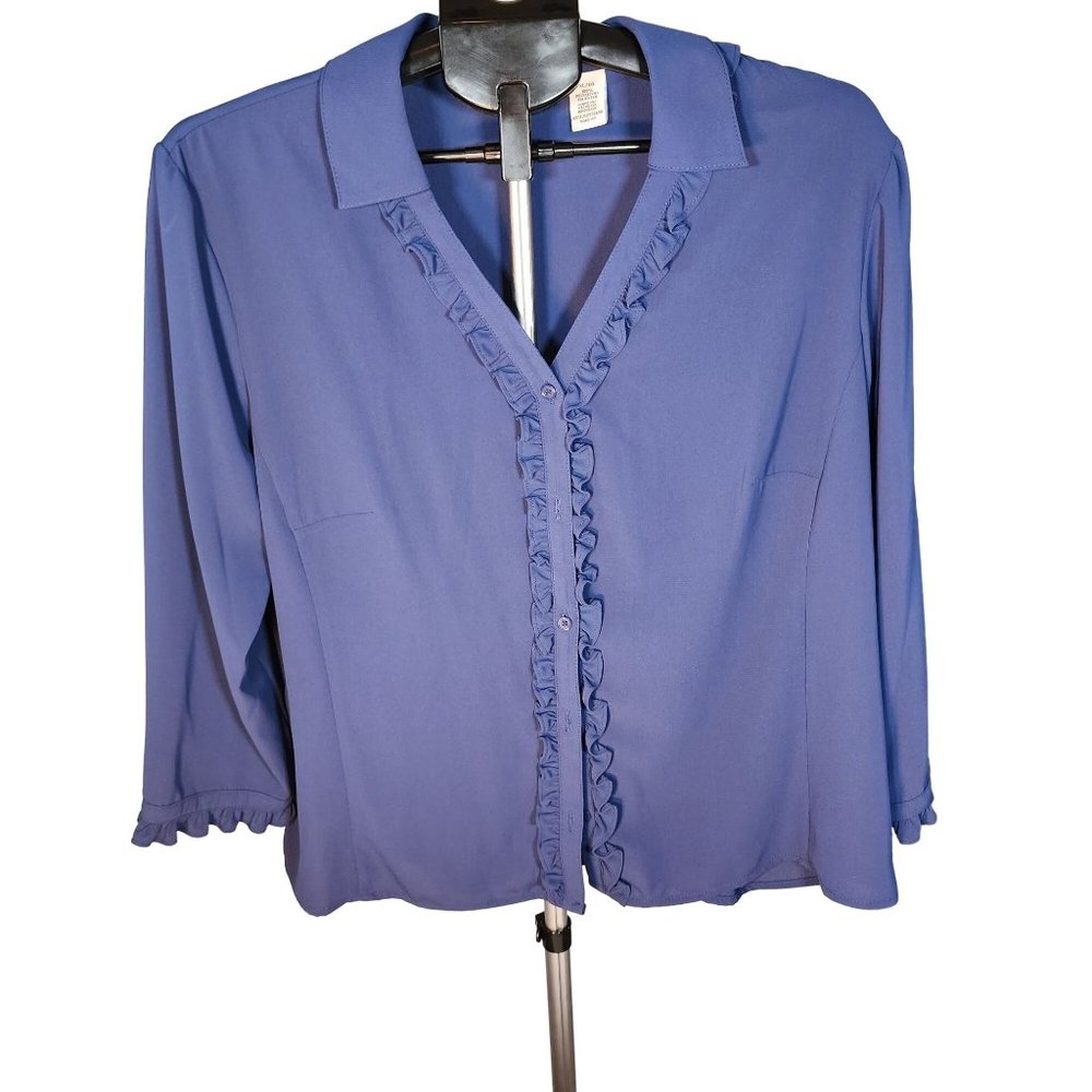 Covington Blue Ruffle‎ Button Up Blouse V-Neck Collar Top XL